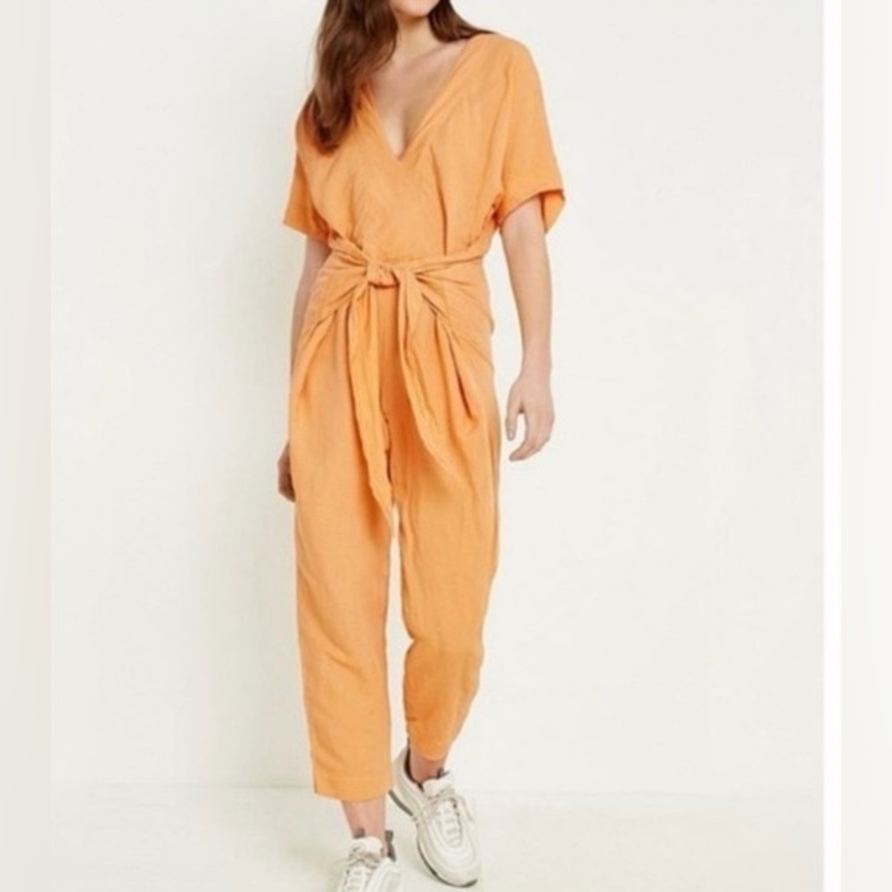 Free People Shining Sun Linen Blend Jumpsuit – Orange Sherbet – Size Medium